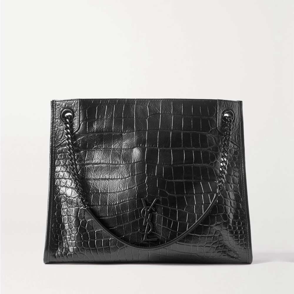 Saint Laurent Black Croc-Embossed Tote with Chain Detail